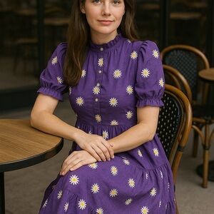 Purple Daisy Print Puff Sleeve Cotton Dress – Flowy Tiered Midi Dress for Women
